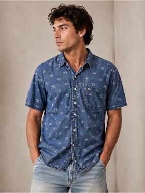 True Religion Blue Printed Short-Sleeve Denim Shirt